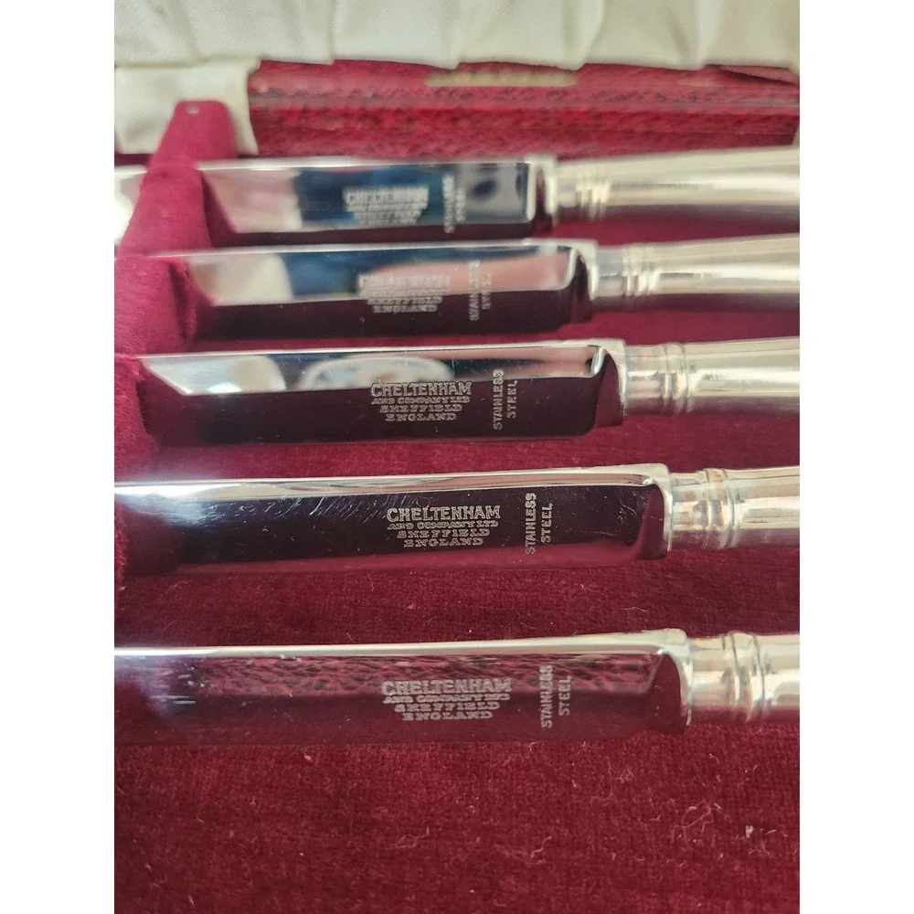Cheltenham Sheffield England Silverware, Set 6 Knives Knife w/ Box Pistol Handle